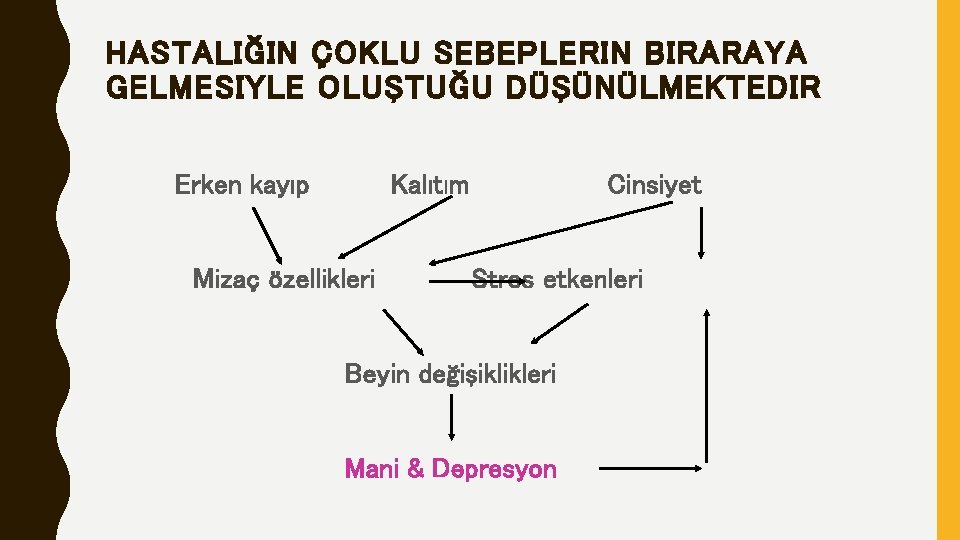 HASTALIĞIN ÇOKLU SEBEPLERIN BIRARAYA GELMESIYLE OLUŞTUĞU DÜŞÜNÜLMEKTEDIR Erken kayıp Kalıtım Mizaç özellikleri Cinsiyet Stres