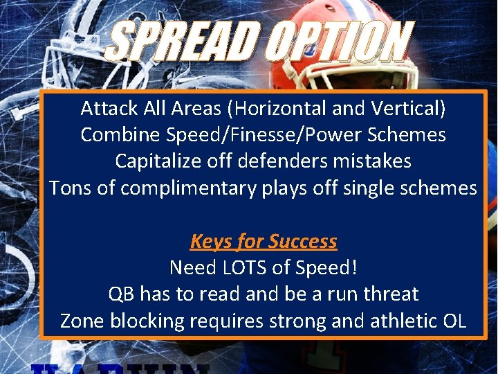 SPREAD OPTION Attack All Areas (Horizontal and Vertical) Combine Speed/Finesse/Power Schemes Capitalize off defenders