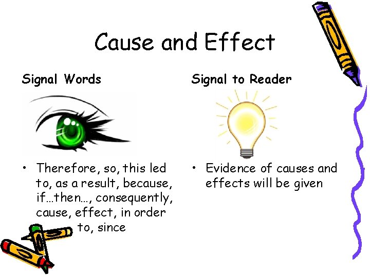 Cause and Effect Signal Words Signal to Reader • Therefore, so, this led to,