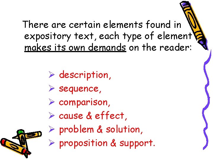 There are certain elements found in expository text, each type of element makes its