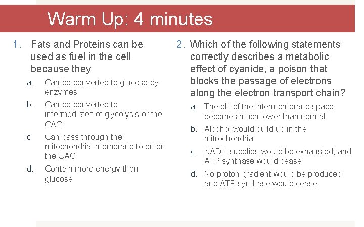 Warm Up: 4 minutes 1. Fats and Proteins can be used as fuel in