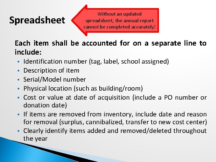 Spreadsheet Without an updated spreadsheet, the annual report cannot be completed accurately! Each item