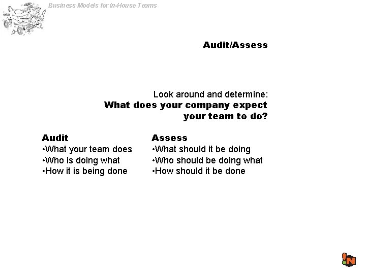 Business Models for In-House Teams Audit/Assess Look around and determine: What does your company