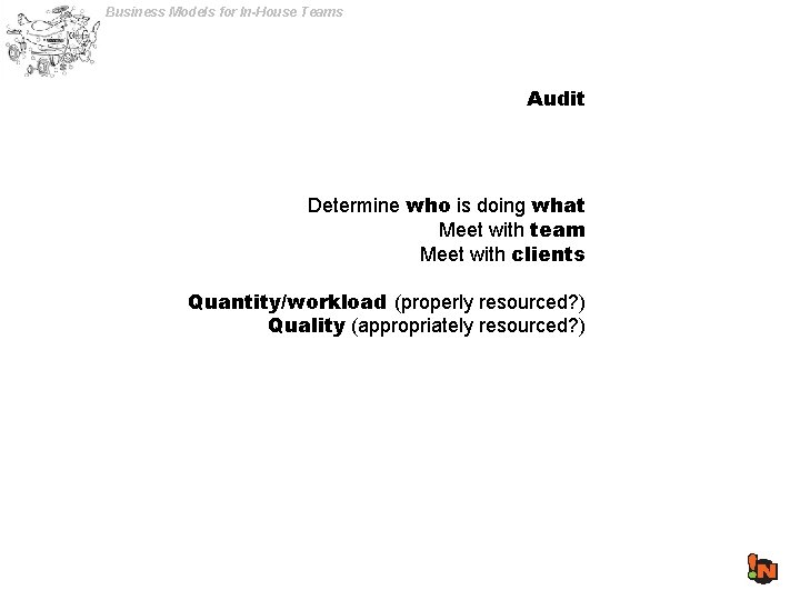 Business Models for In-House Teams Audit Determine who is doing what Meet with team