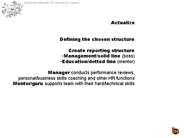 Business Models for In-House Teams Actualize Defining the chosen structure Create reporting structure •