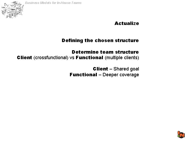 Business Models for In-House Teams Actualize Defining the chosen structure Determine team structure Client