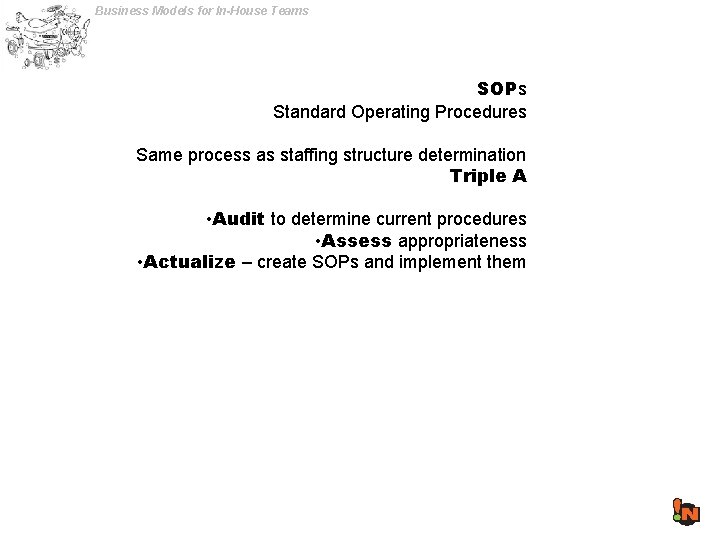 Business Models for In-House Teams SOPs Standard Operating Procedures Same process as staffing structure