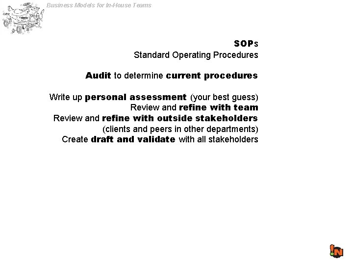 Business Models for In-House Teams SOPs Standard Operating Procedures Audit to determine current procedures