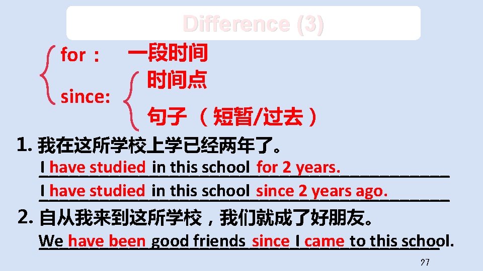 Difference (3) for： 一段时间 时间点 since: 句子 （短暂/过去） 1. 我在这所学校上学已经两年了。 I have studied in