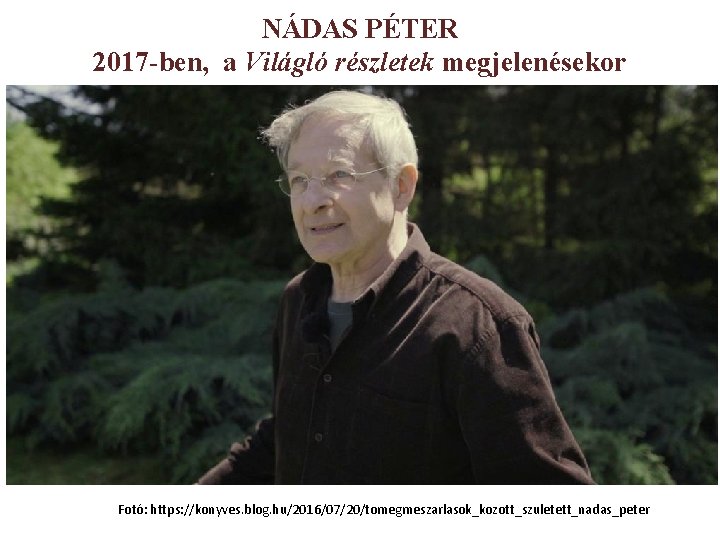 NÁDAS PÉTER 2017 -ben, a Világló részletek megjelenésekor Fotó: https: //konyves. blog. hu/2016/07/20/tomegmeszarlasok_kozott_szuletett_nadas_peter 