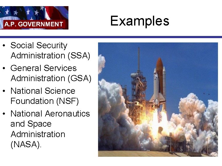 Examples • Social Security Administration (SSA) • General Services Administration (GSA) • National Science