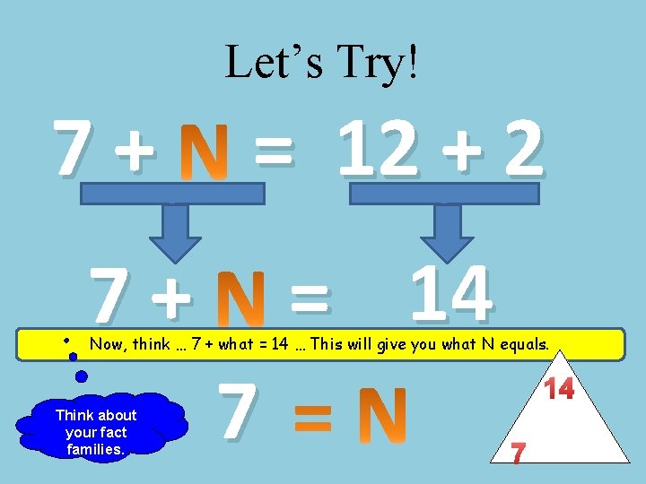 Let’s Try! 7+ = 12 + 2 = 14 7+ Now, think … 7
