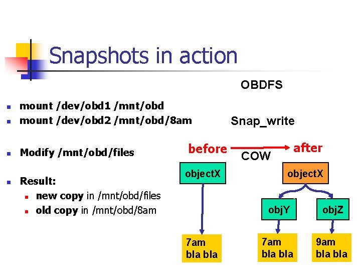Snapshots in action OBDFS n mount /dev/obd 1 /mnt/obd mount /dev/obd 2 /mnt/obd/8 am