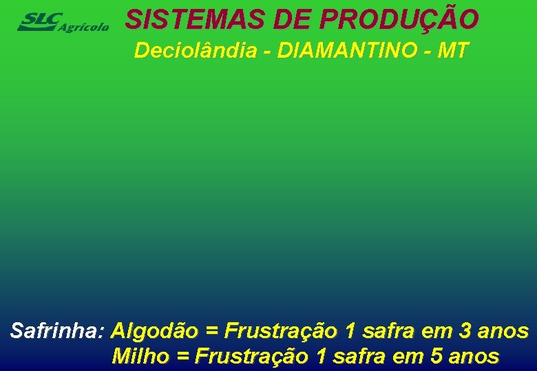 SISTEMAS DE PRODUÇÃO Deciolândia - DIAMANTINO - MT Safrinha: Algodão = Frustração 1 safra