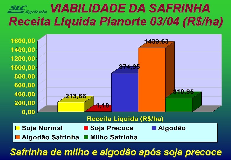 VIABILIDADE DA SAFRINHA Receita Líquida Planorte 03/04 (R$/ha) Safrinha de milho e algodão após