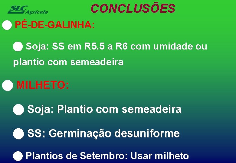 CONCLUSÕES n PÉ-DE-GALINHA: n Soja: SS em R 5. 5 a R 6 com