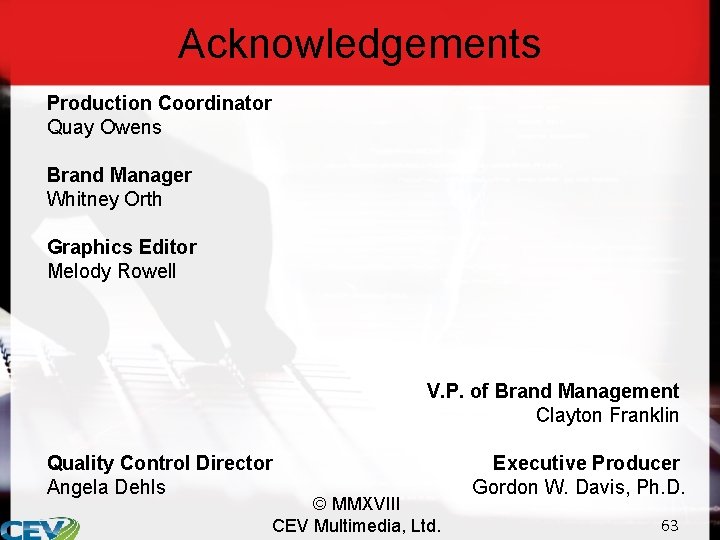 Acknowledgements Production Coordinator Quay Owens Brand Manager Whitney Orth Graphics Editor Melody Rowell V.