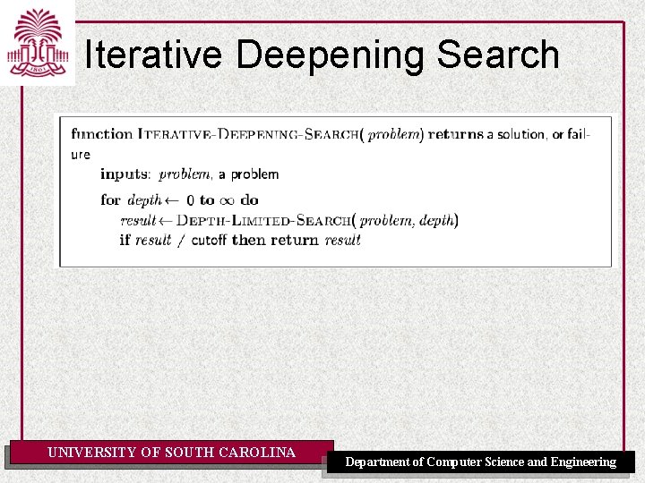 Iterative Deepening Search UNIVERSITY OF SOUTH CAROLINA Department of Computer Science and Engineering 