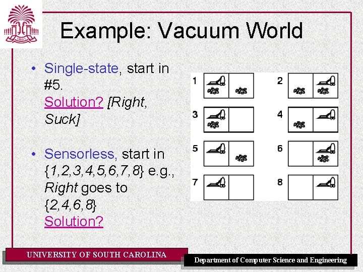 Example: Vacuum World • Single-state, start in #5. Solution? [Right, Suck] • Sensorless, start