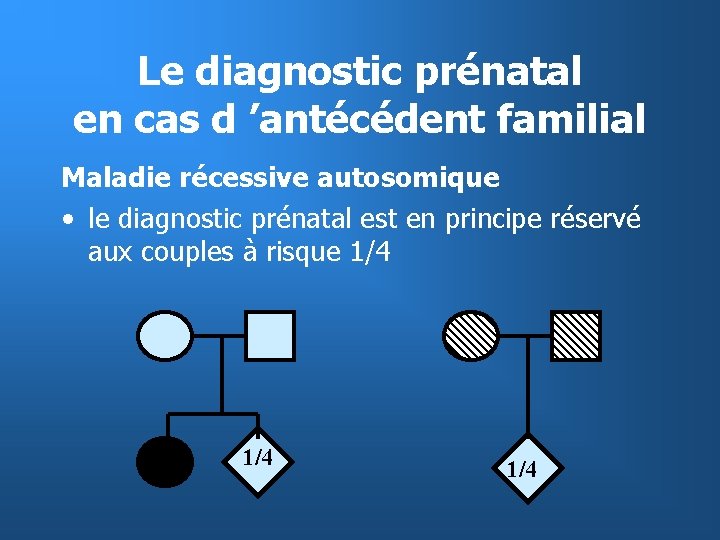 Le diagnostic prénatal en cas d ’antécédent familial Maladie récessive autosomique • le diagnostic