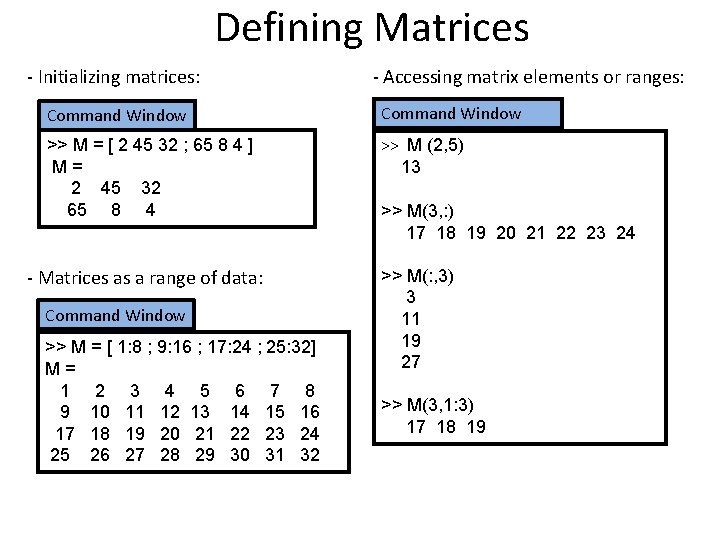 Defining Matrices - Initializing matrices: - Accessing matrix elements or ranges: Command Window >>