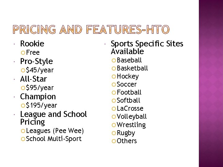  Rookie Free Pro-Style $45/year All-Star $95/year Champion $195/year League and School Pricing Leagues