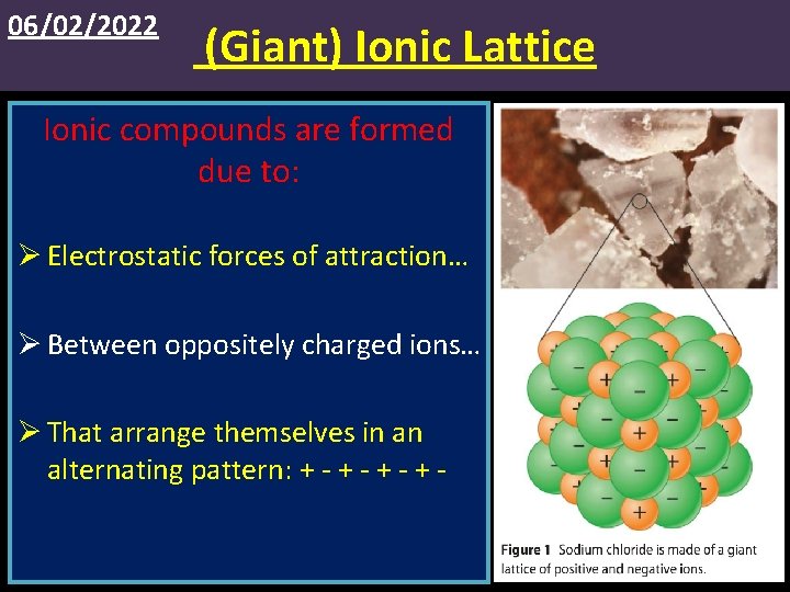 06/02/2022 (Giant) Ionic Lattice Ionic compounds are formed due to: Ø Electrostatic forces of