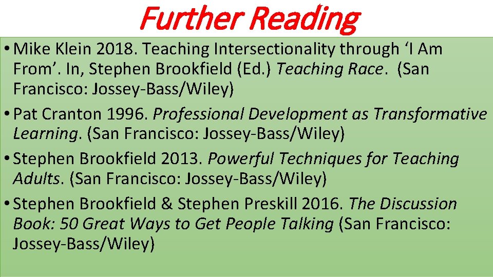 Further Reading • Mike Klein 2018. Teaching Intersectionality through ‘I Am From’. In, Stephen