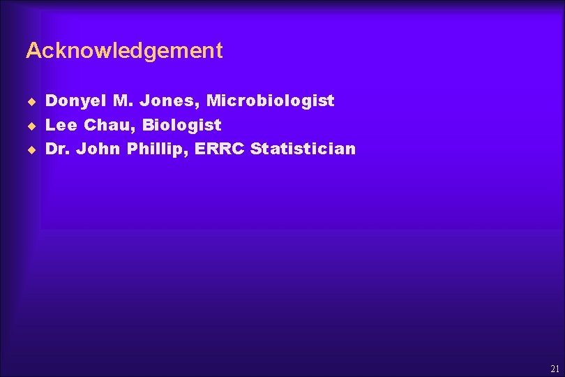 Acknowledgement ¨ Donyel M. Jones, Microbiologist ¨ Lee Chau, Biologist ¨ Dr. John Phillip,