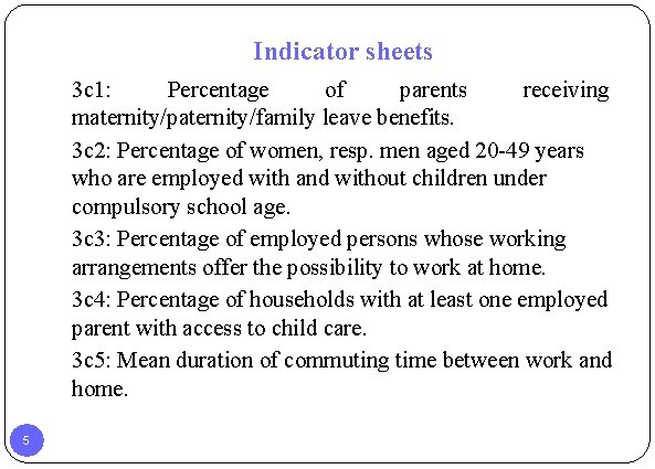 Indicator sheets 3 c 1: Percentage of parents receiving maternity/paternity/family leave benefits. 3 c