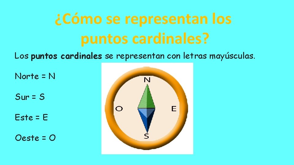 ¿Cómo se representan los puntos cardinales? Los puntos cardinales se representan con letras mayúsculas.