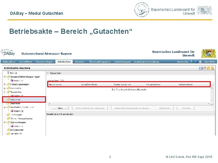 Bayerisches Landesamt für Umwelt DABay – Modul Gutachten Betriebsakte – Bereich „Gutachten“ 2 ©