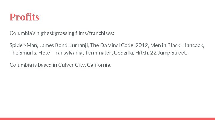 Profits Columbia’s highest grossing films/franchises: Spider-Man, James Bond, Jumanji, The Da Vinci Code, 2012,