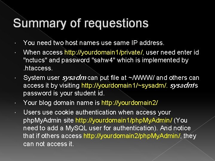Summary of requestions You need two host names use same IP address. When access