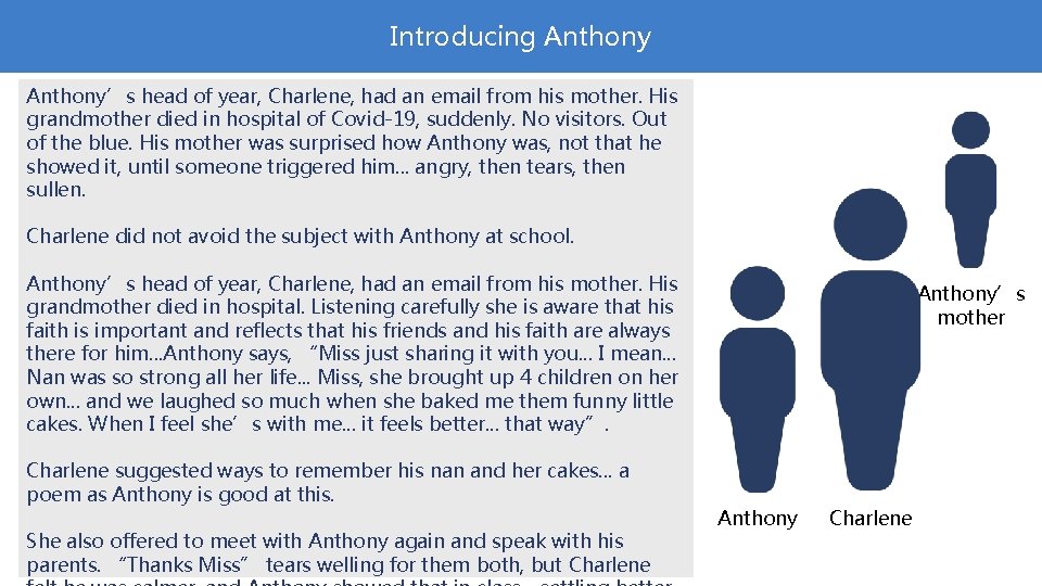 Introducing Anthony’s head of year, Charlene, had an email from his mother. His grandmother