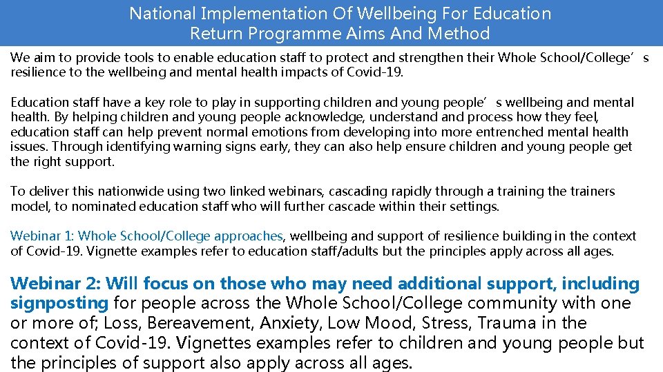 National Implementation Of Wellbeing For Education Return Programme Aims And Method We aim to