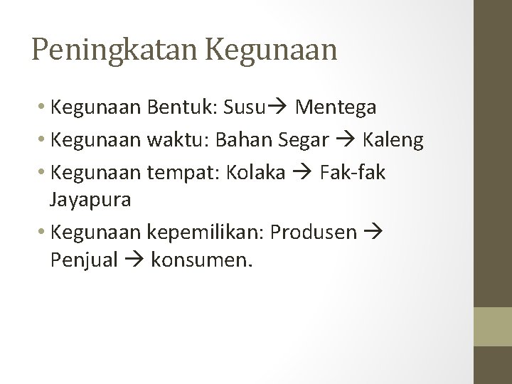 Peningkatan Kegunaan • Kegunaan Bentuk: Susu Mentega • Kegunaan waktu: Bahan Segar Kaleng •