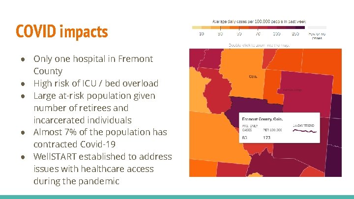 COVID impacts ● Only one hospital in Fremont County ● High risk of ICU