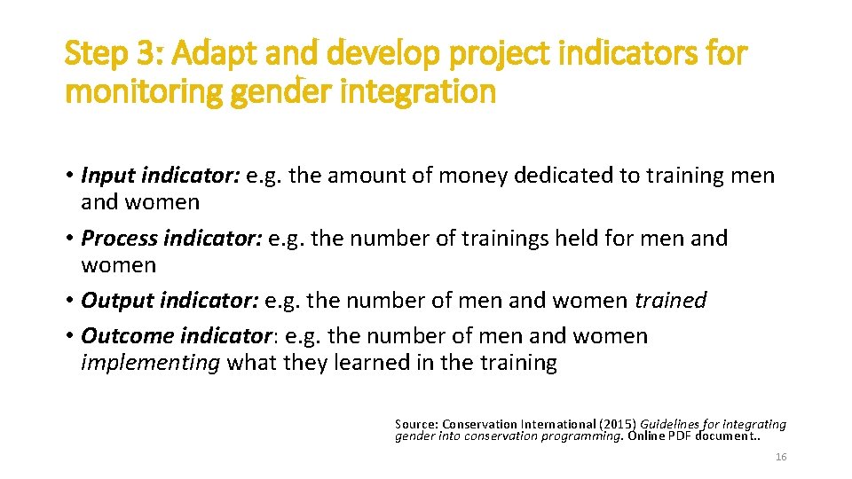 Step 3: Adapt and develop project indicators for monitoring gender integration • Input indicator: Step 3: Adapt and develop project indicators for monitoring gender integration • Input indicator: