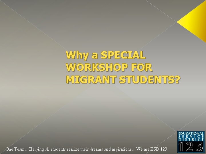 Why a SPECIAL WORKSHOP FOR MIGRANT STUDENTS? One Team…Helping all students realize their dreams