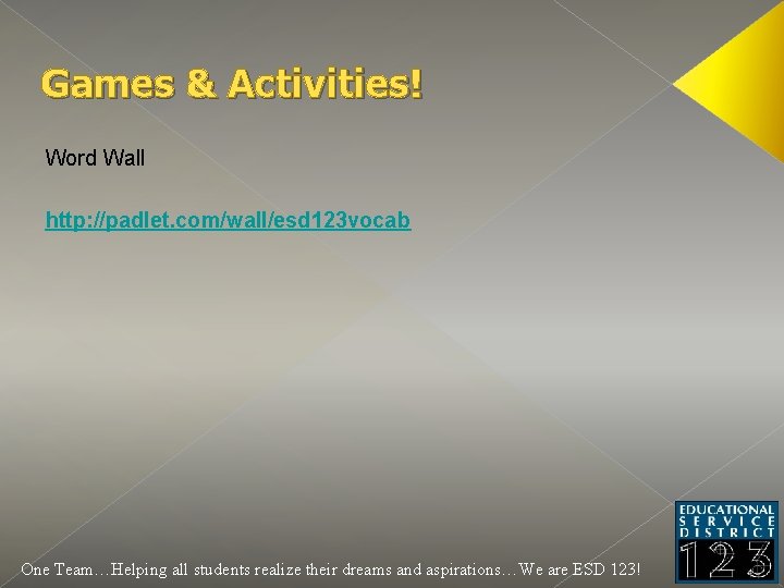 Games & Activities! Word Wall http: //padlet. com/wall/esd 123 vocab One Team…Helping all students