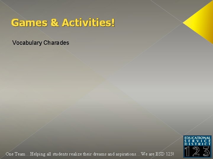 Games & Activities! Vocabulary Charades One Team…Helping all students realize their dreams and aspirations…We