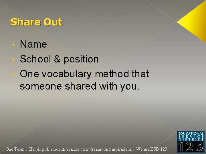 Share Out Name • School & position • One vocabulary method that someone shared