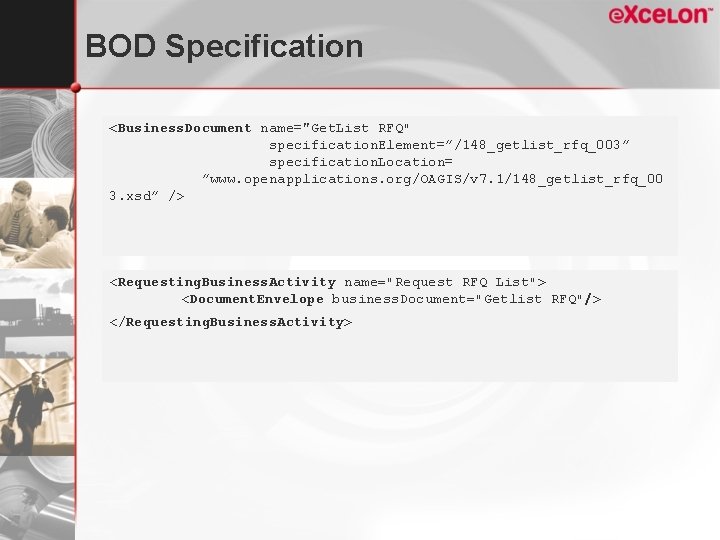 BOD Specification <Business. Document name="Get. List RFQ" specification. Element=”/148_getlist_rfq_003” specification. Location= ”www. openapplications. org/OAGIS/v