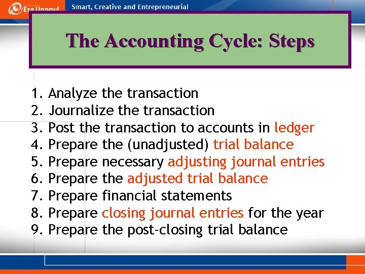 The Accounting Cycle: Steps 1. 2. 3. 4. 5. 6. 7. 8. 9. Analyze