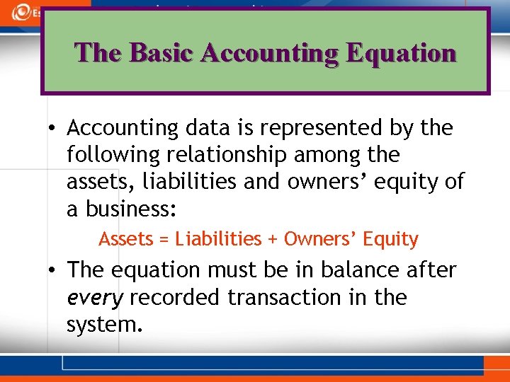 The Basic Accounting Equation • Accounting data is represented by the following relationship among