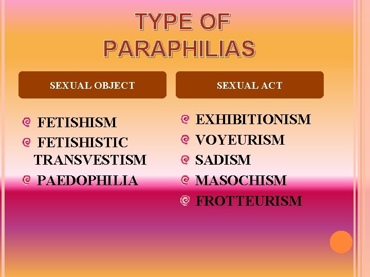 TYPE OF PARAPHILIAS SEXUAL OBJECT FETISHISM FETISHISTIC TRANSVESTISM PAEDOPHILIA SEXUAL ACT EXHIBITIONISM VOYEURISM SADISM