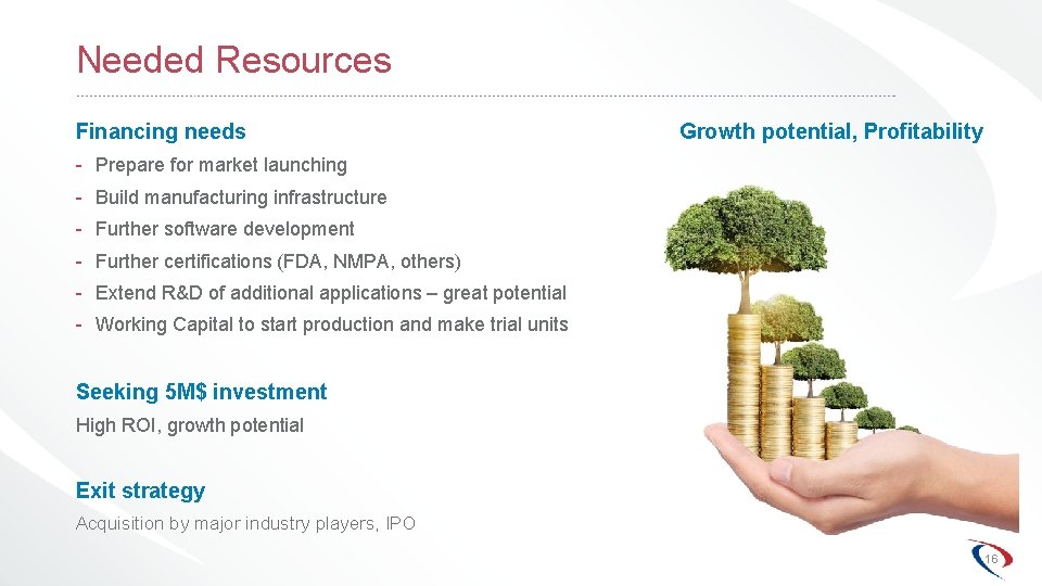 Needed Resources Financing needs Growth potential, Profitability - Prepare for market launching - Build