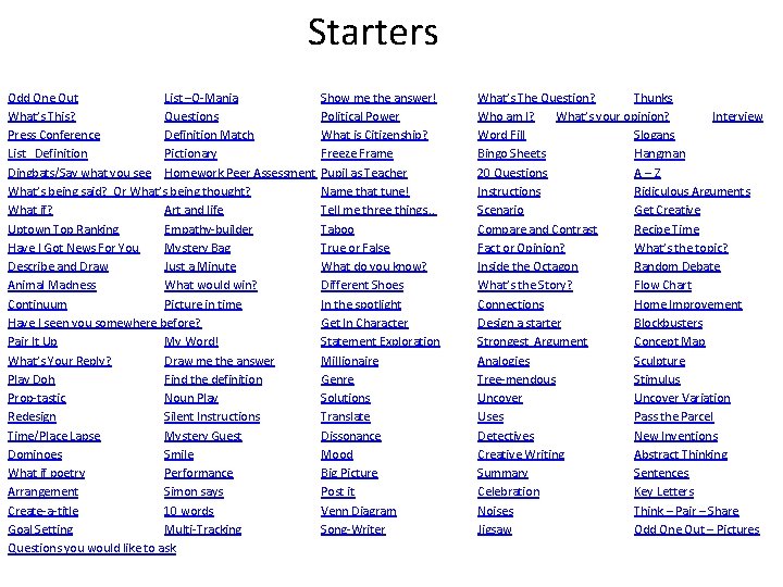 Starters Odd One Out List –O-Mania What’s This? Questions Press Conference Definition Match List