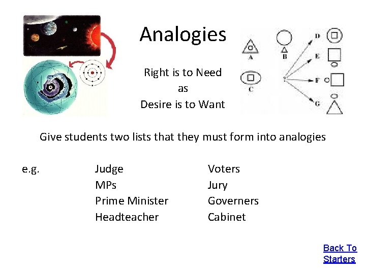 Analogies Right is to Need as Desire is to Want Give students two lists